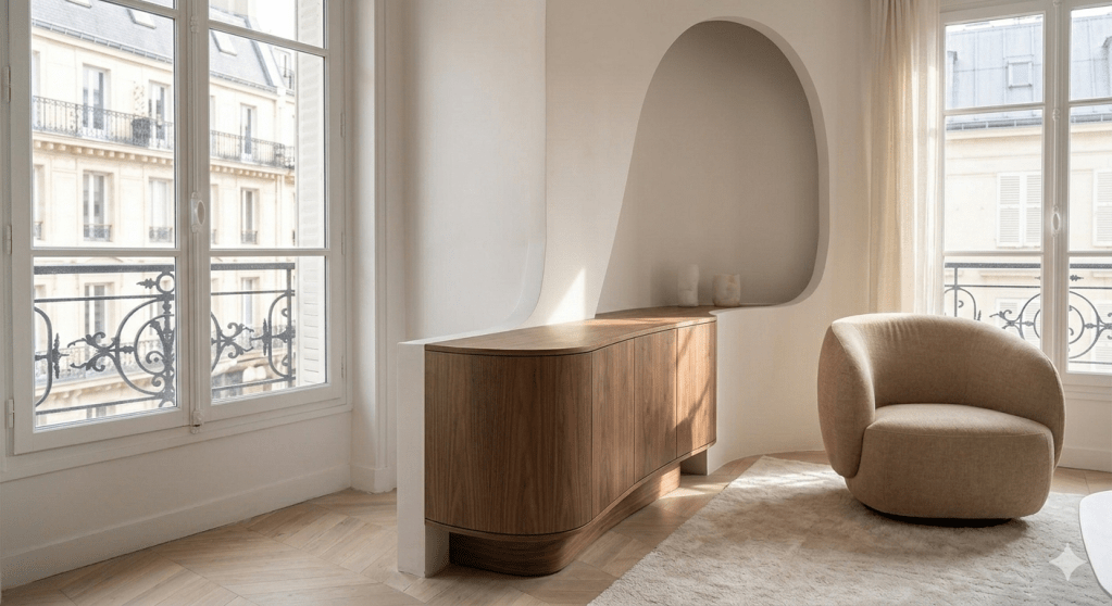 Mobilier en bois et courbes organiques