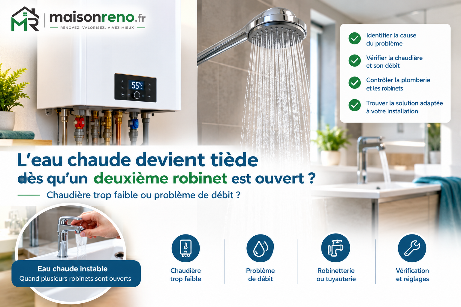 L’eau chaude devient tiède dès qu’un deuxième robinet est ouvert : chaudière trop faible ou problème de débit ?
